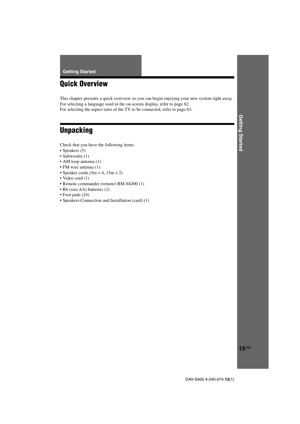 Quick overview, Unpacking | Sony DAV-S400 User Manual | Page 15 / 80