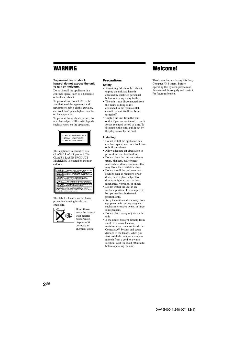 Warning welcome | Sony DAV-S400 User Manual | Page 2 / 80