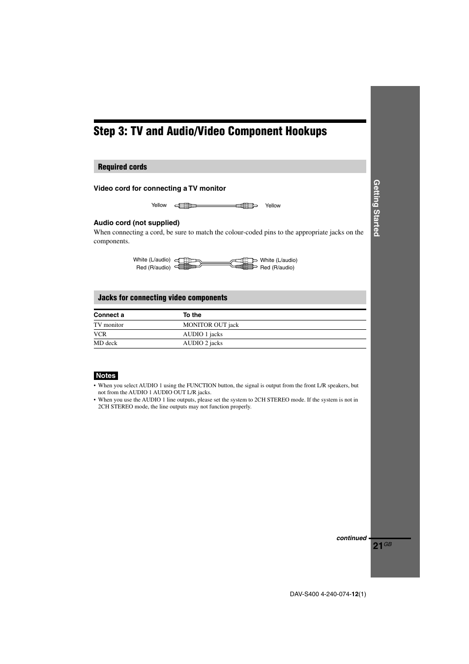 Step 3: tv and audio/video component hookups | Sony DAV-S400 User Manual | Page 21 / 80