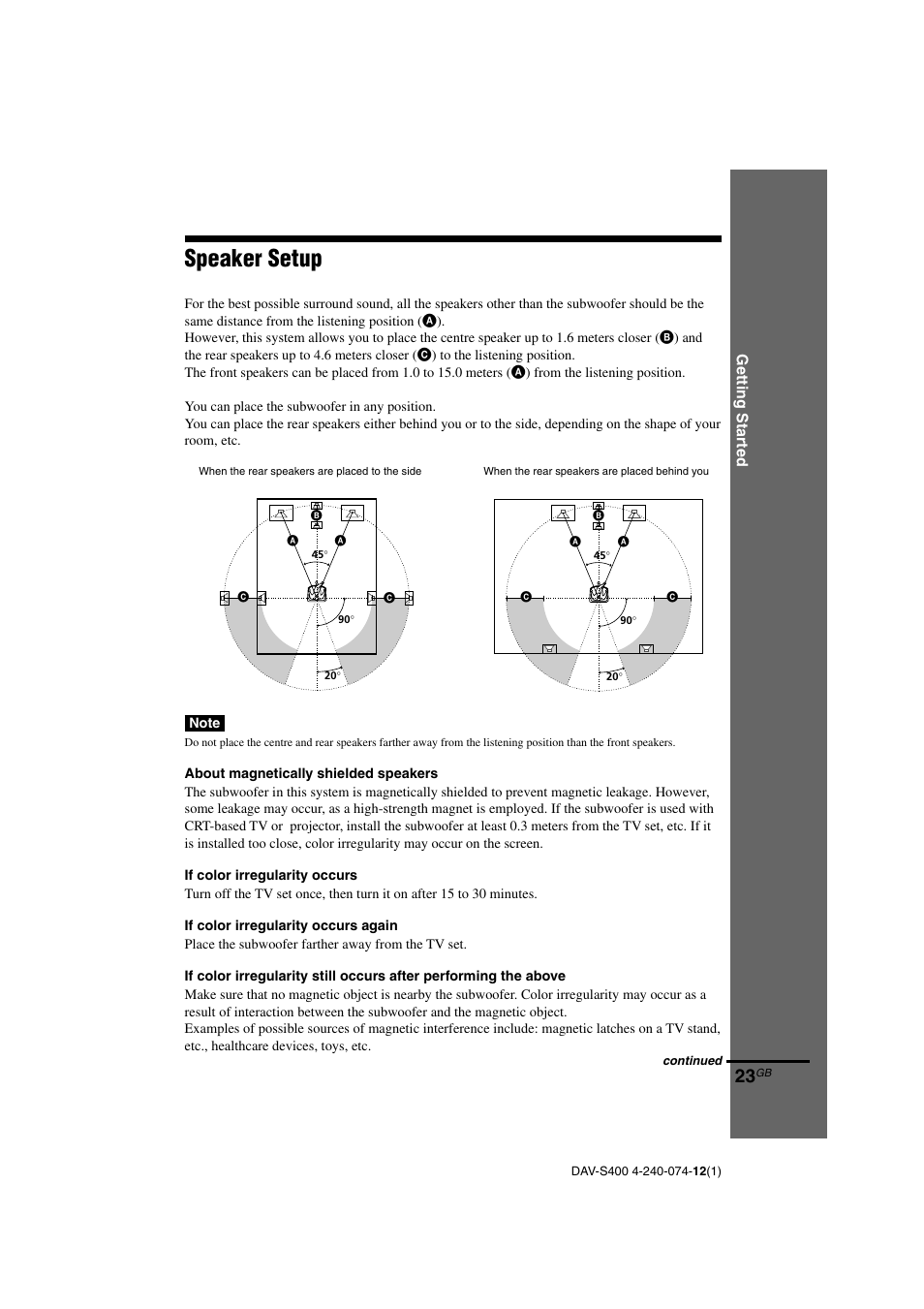Speaker setup, Getting star ted | Sony DAV-S400 User Manual | Page 23 / 80