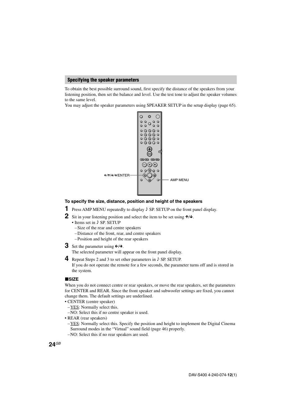 Specifying the speaker parameters | Sony DAV-S400 User Manual | Page 24 / 80