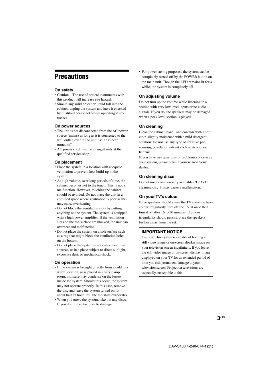 Precautions | Sony DAV-S400 User Manual | Page 3 / 80