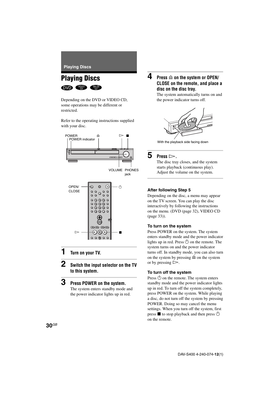 Playing discs | Sony DAV-S400 User Manual | Page 30 / 80