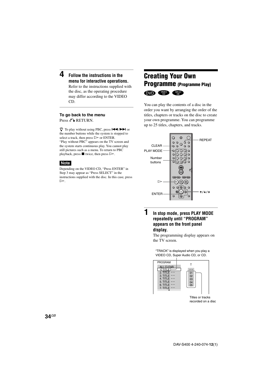 Creating your own programme, Programme play) | Sony DAV-S400 User Manual | Page 34 / 80