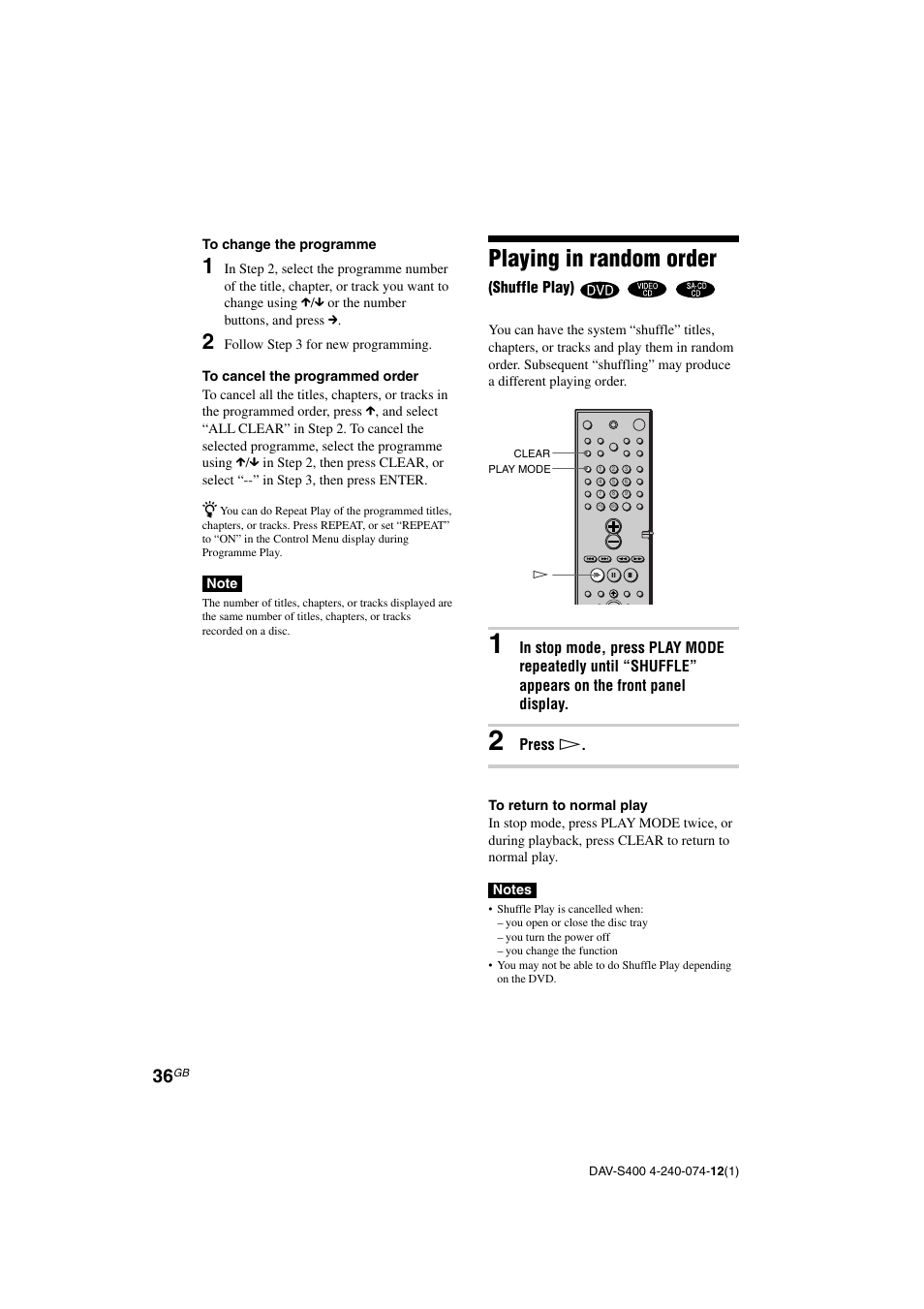 Playing in random order | Sony DAV-S400 User Manual | Page 36 / 80