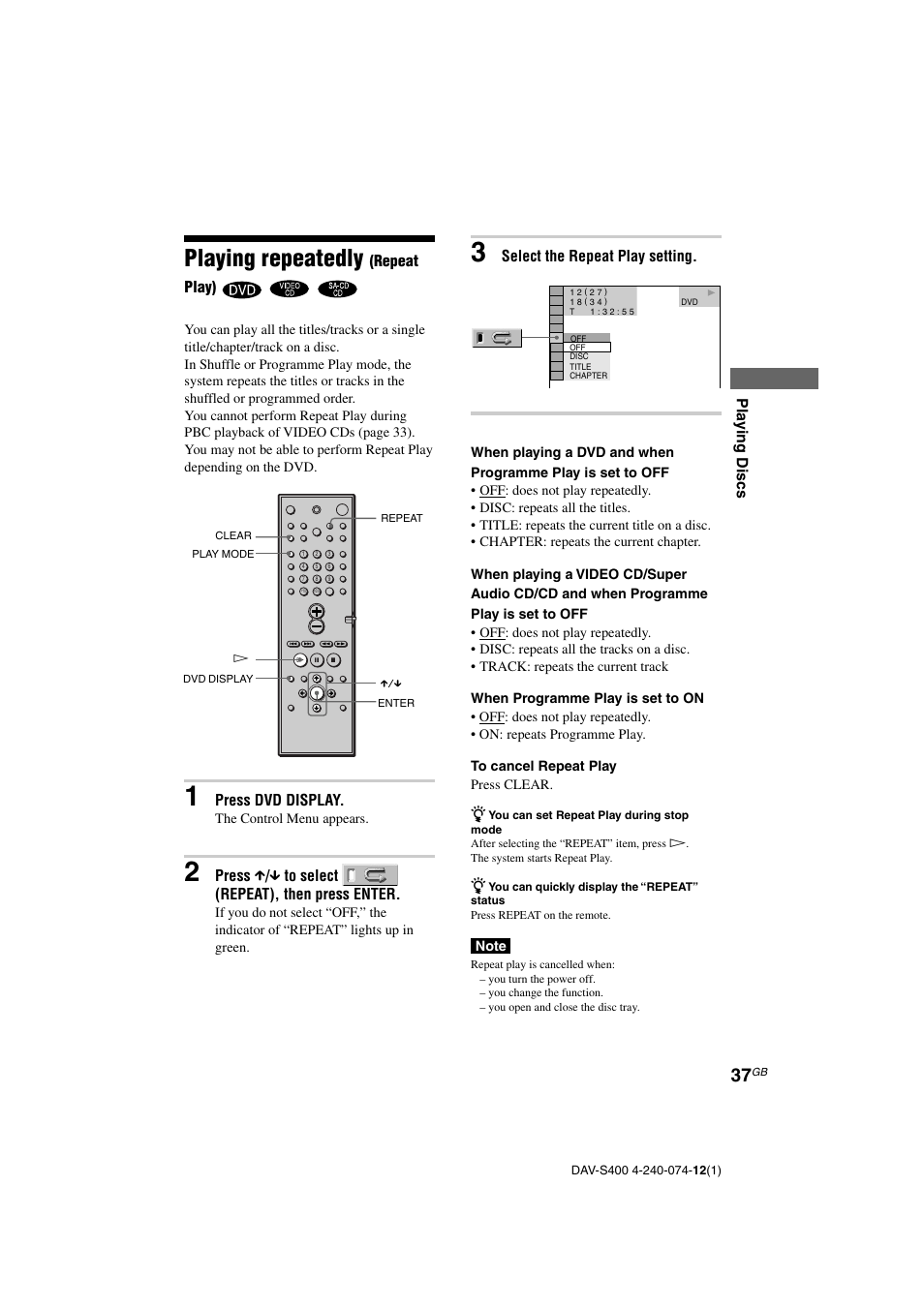 Playing repeatedly | Sony DAV-S400 User Manual | Page 37 / 80