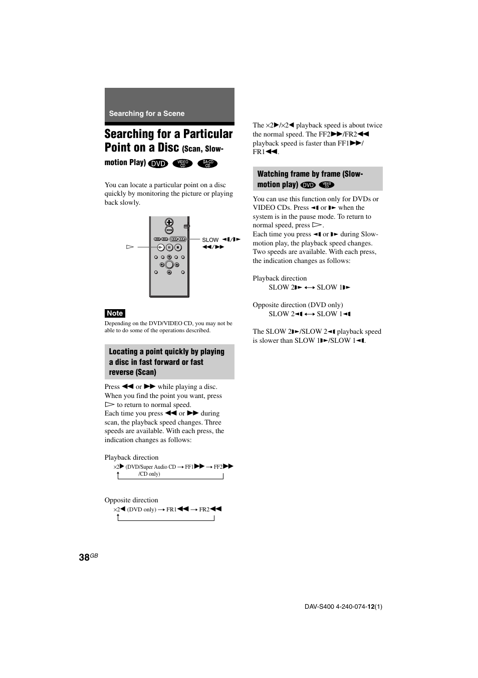 Searching for a particular point on a disc | Sony DAV-S400 User Manual | Page 38 / 80