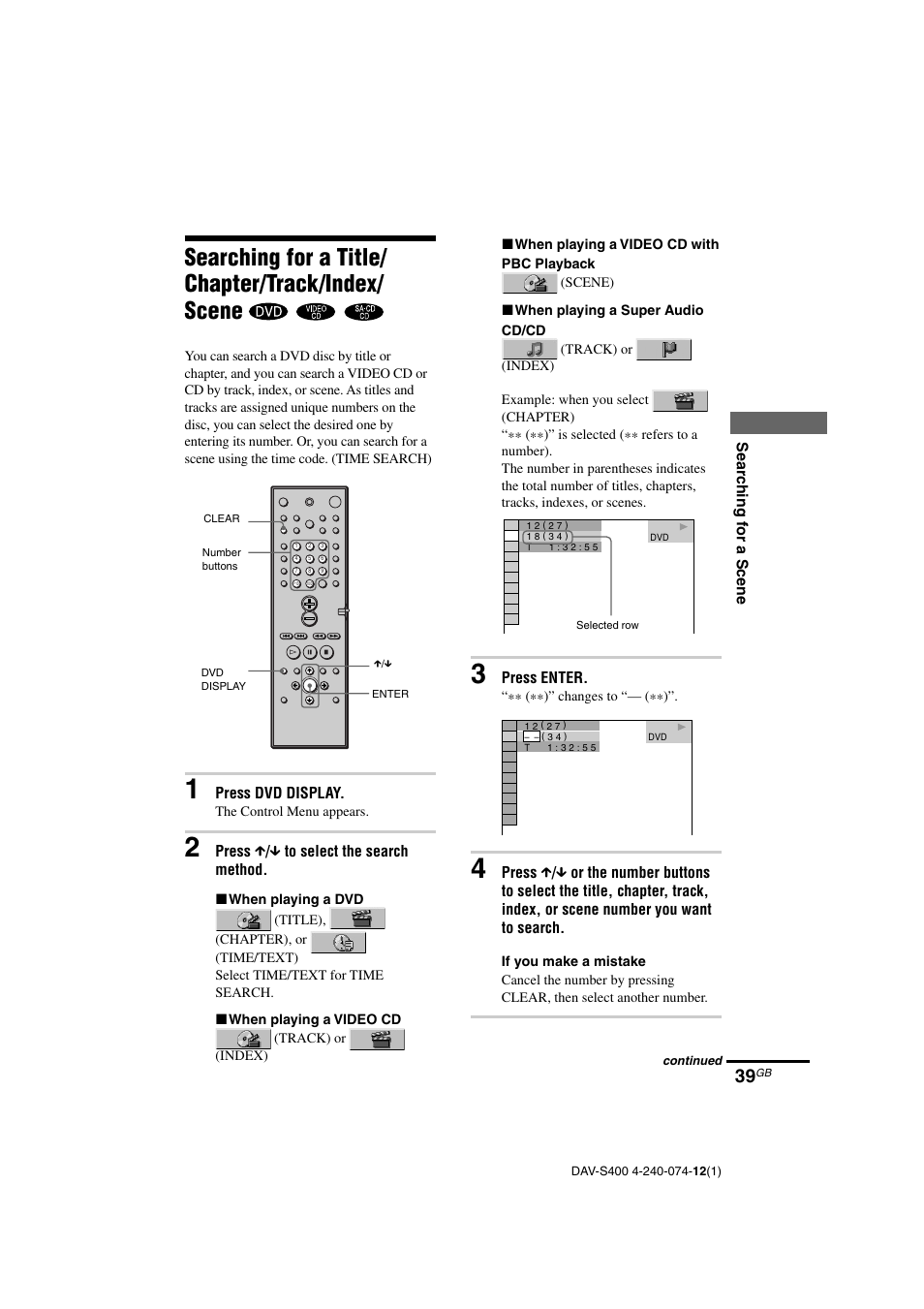 Searching for a title/ chapter/track/index/ scene | Sony DAV-S400 User Manual | Page 39 / 80