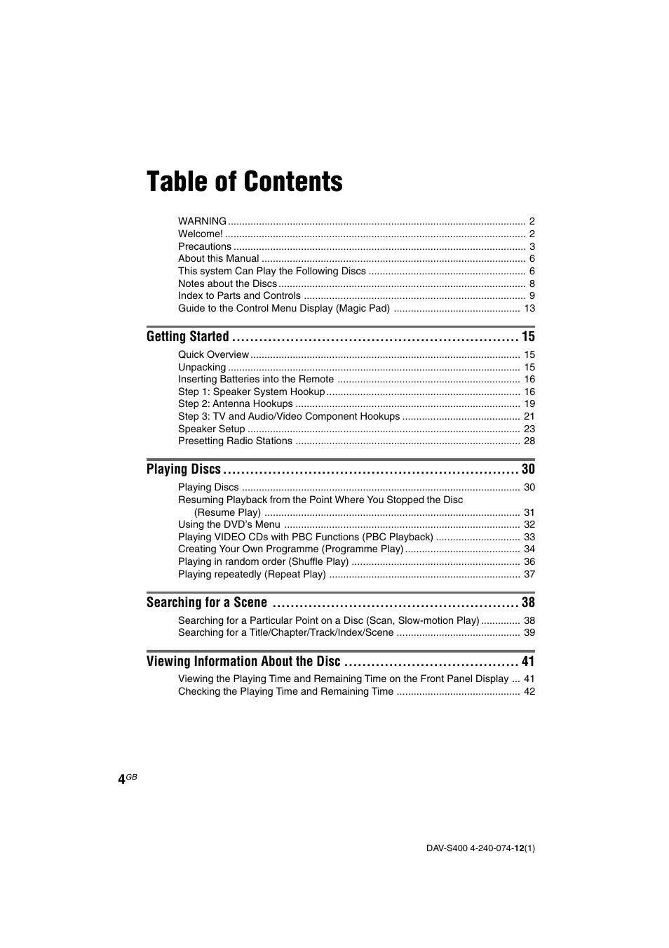 Sony DAV-S400 User Manual | Page 4 / 80