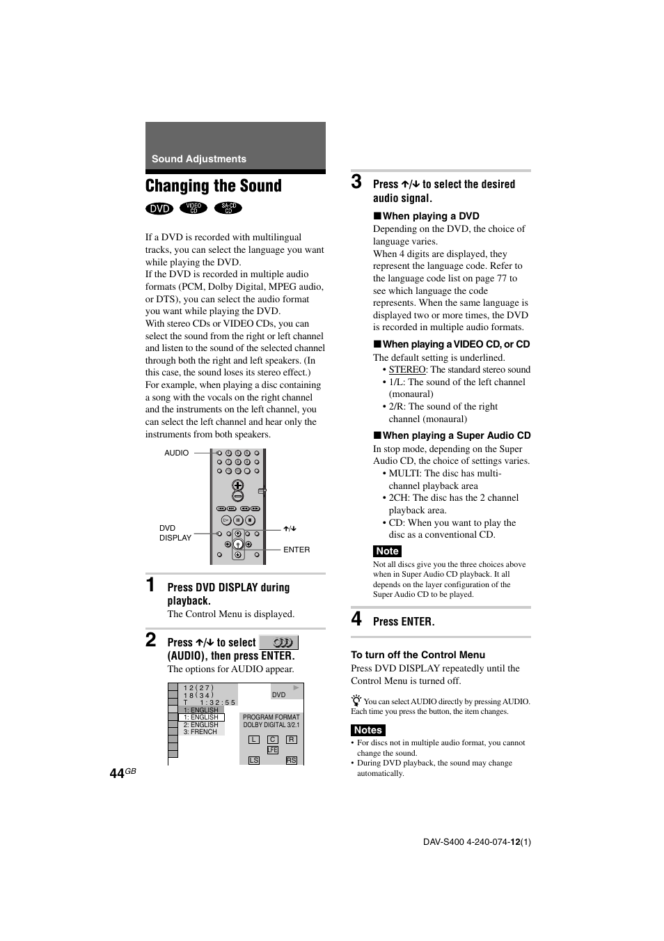 Changing the sound | Sony DAV-S400 User Manual | Page 44 / 80