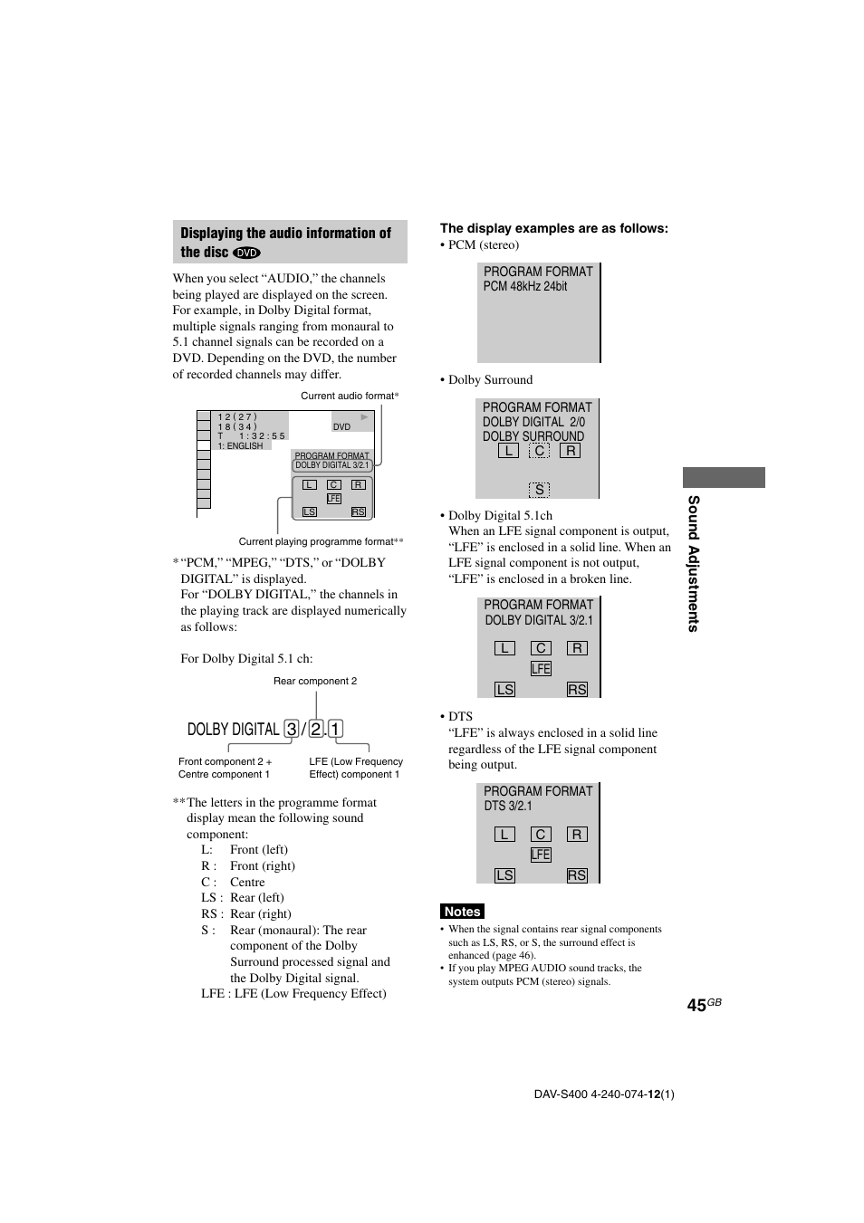 Dolby digital 3 / 2 | Sony DAV-S400 User Manual | Page 45 / 80