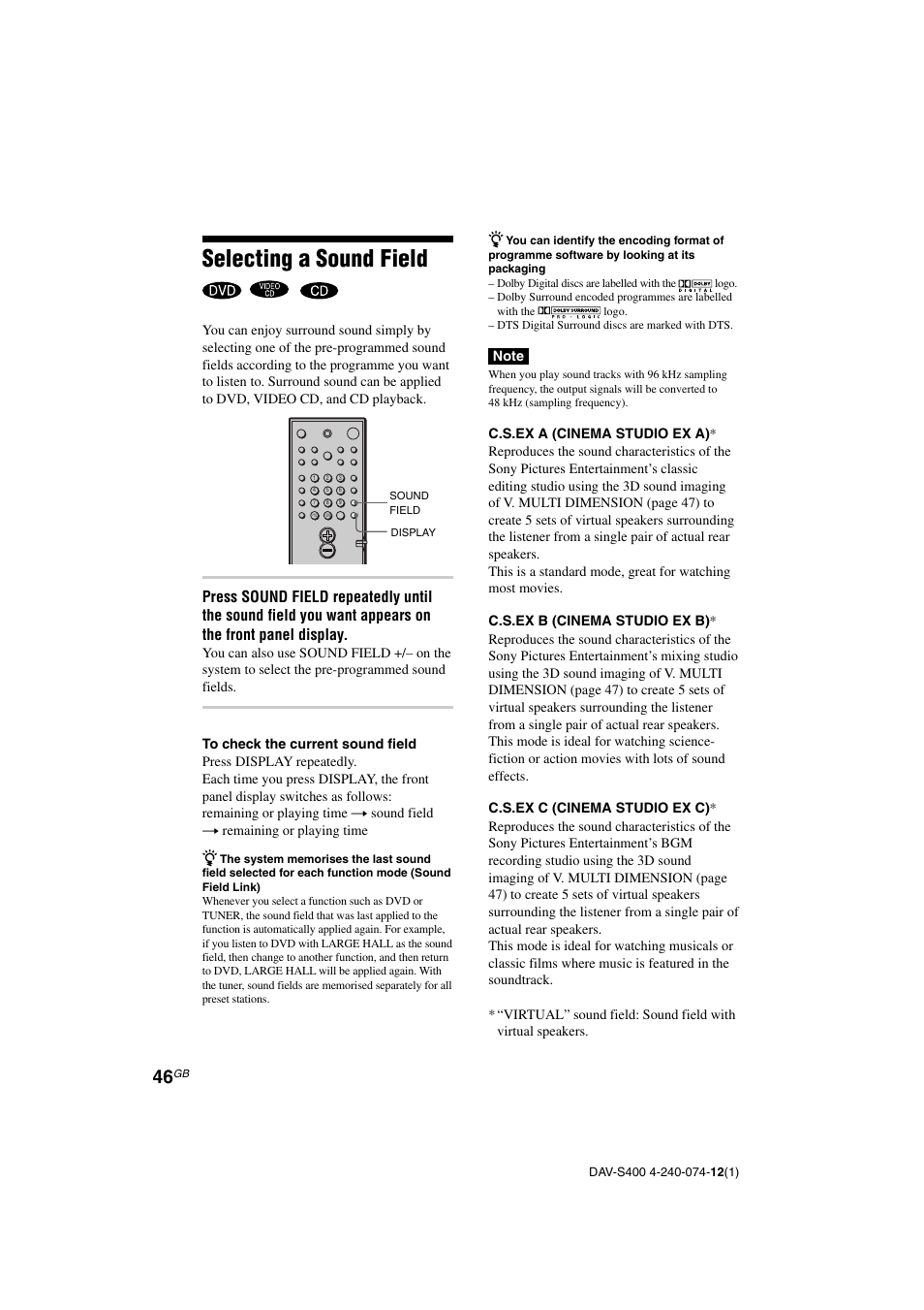 Selecting a sound field | Sony DAV-S400 User Manual | Page 46 / 80
