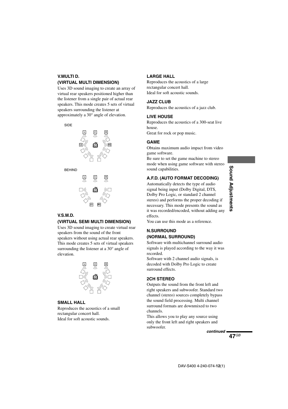 Sound adjustments | Sony DAV-S400 User Manual | Page 47 / 80