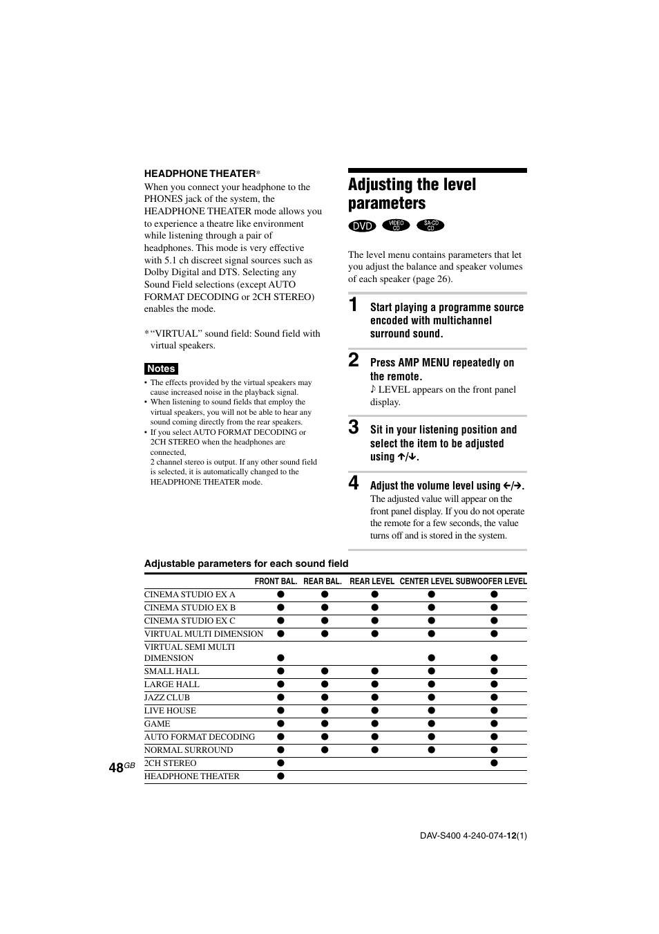 Adjusting the level parameters | Sony DAV-S400 User Manual | Page 48 / 80