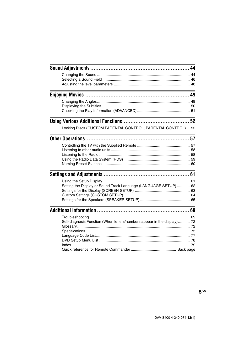 Sony DAV-S400 User Manual | Page 5 / 80