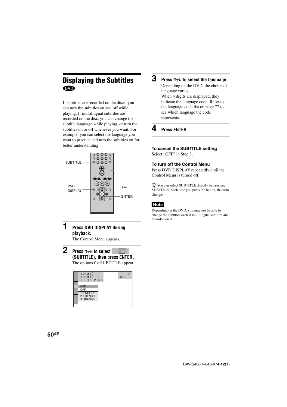 Displaying the subtitles | Sony DAV-S400 User Manual | Page 50 / 80