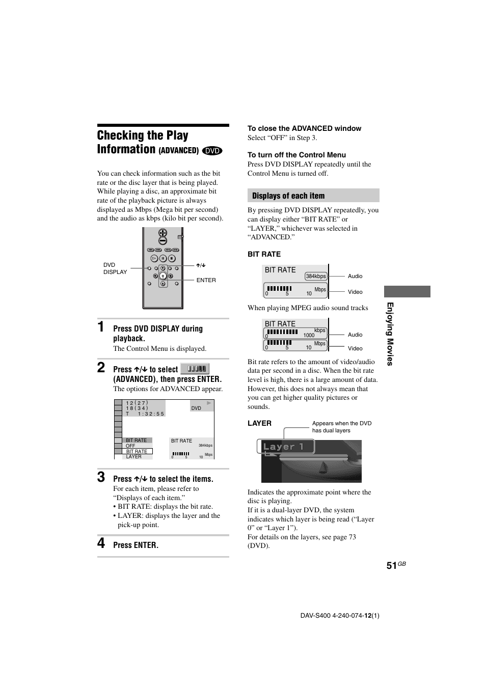 Checking the play information | Sony DAV-S400 User Manual | Page 51 / 80