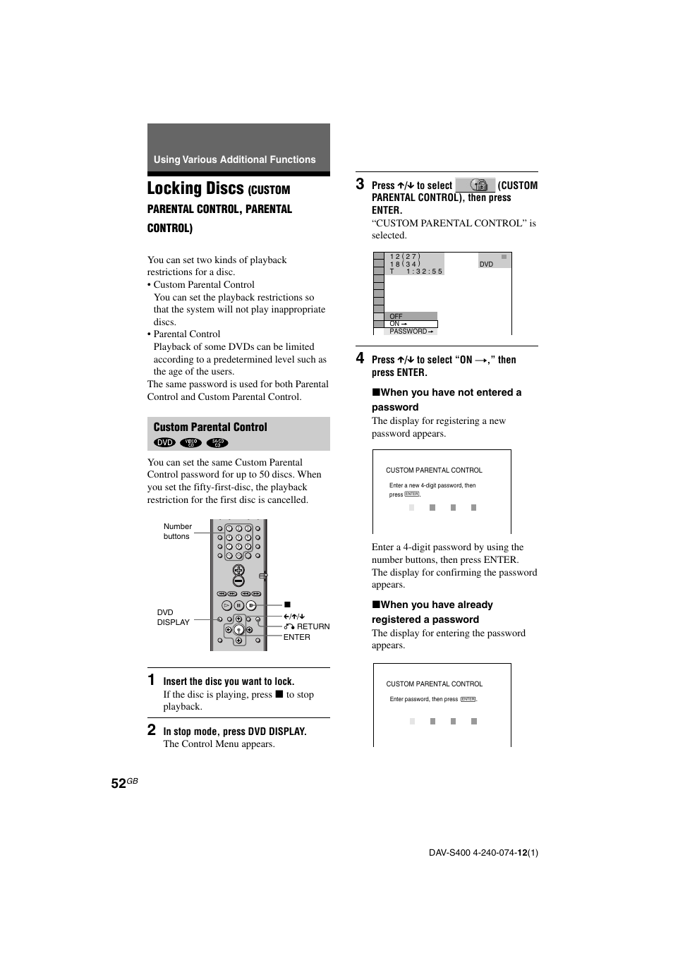 Locking discs, Custom parental control, parental control), Custom parental control | Sony DAV-S400 User Manual | Page 52 / 80