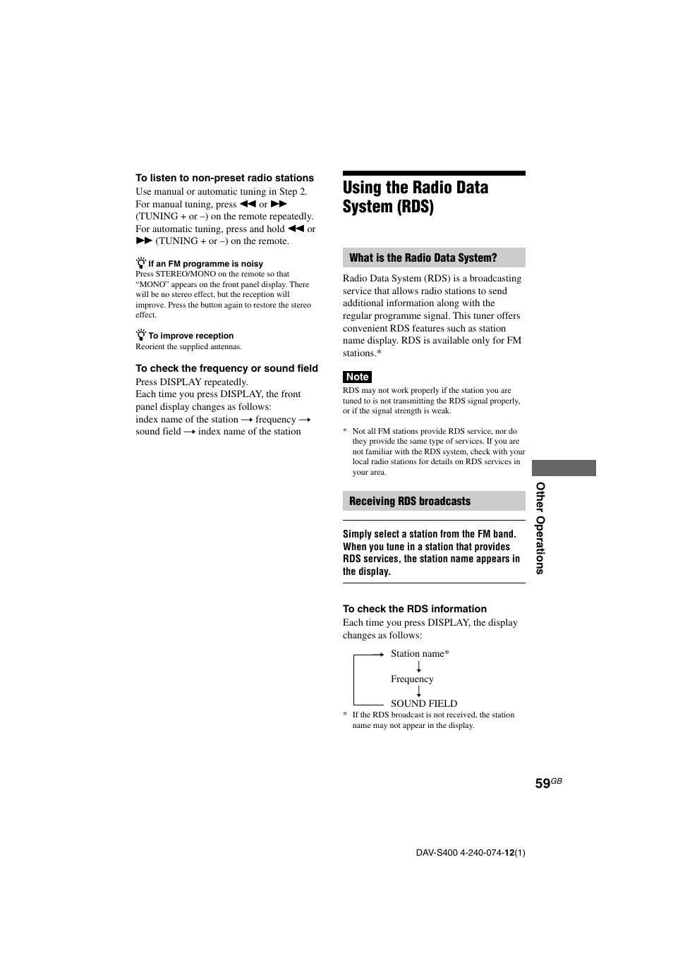 Using the radio data system (rds) | Sony DAV-S400 User Manual | Page 59 / 80