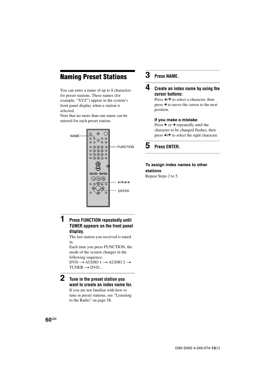 Naming preset stations | Sony DAV-S400 User Manual | Page 60 / 80