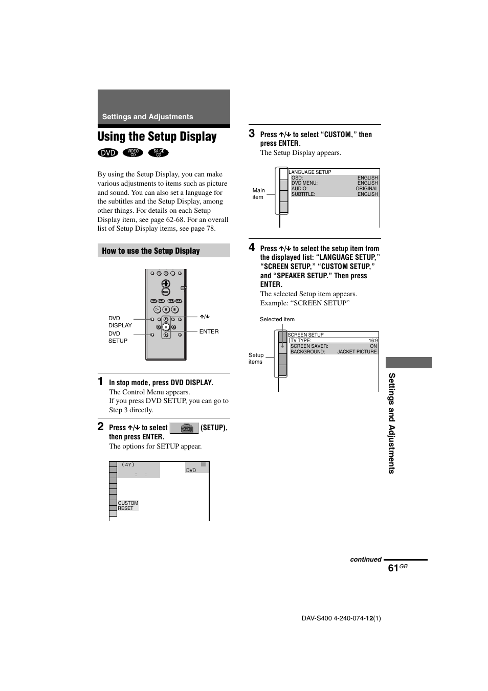 Using the setup display | Sony DAV-S400 User Manual | Page 61 / 80