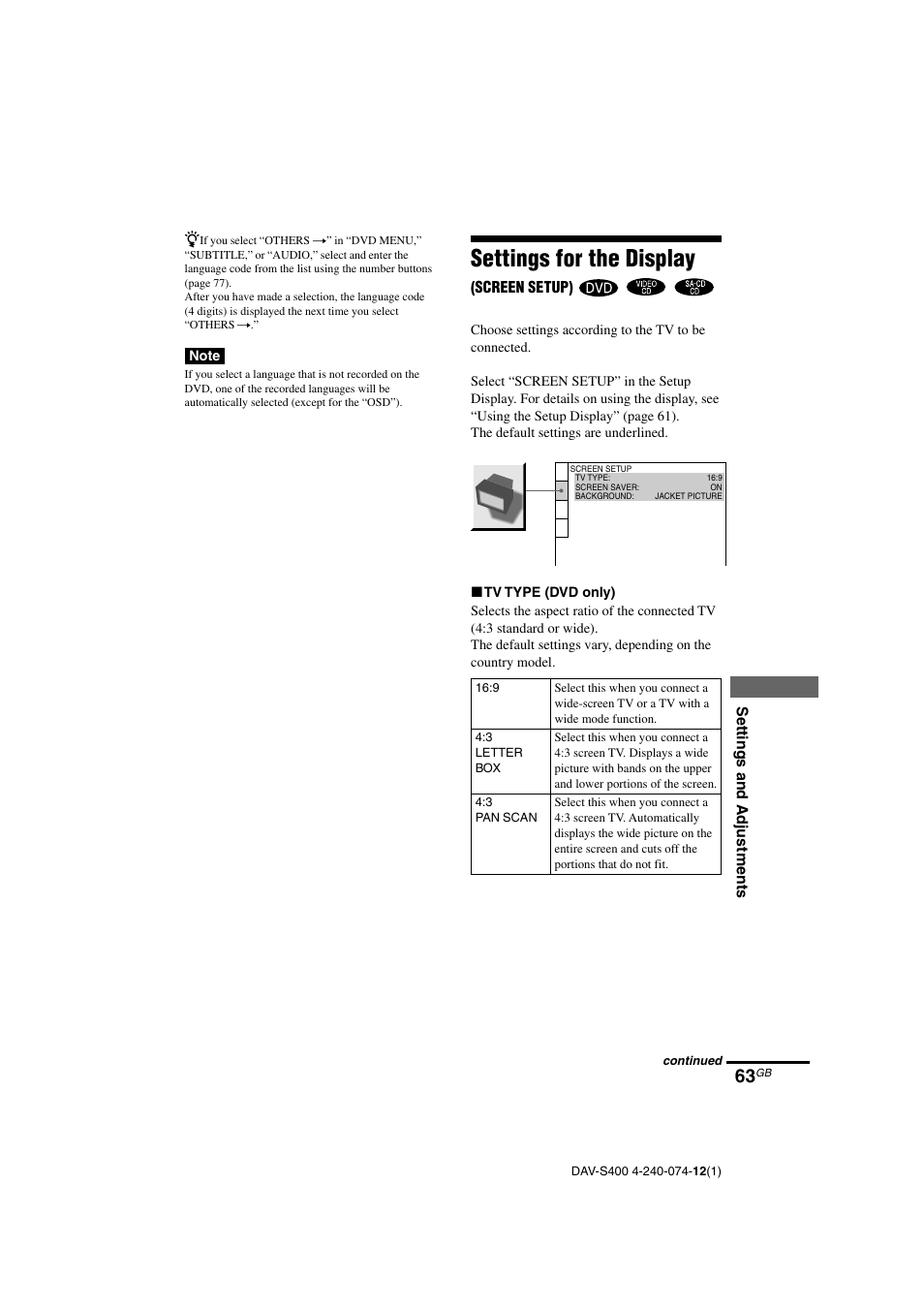 Settings for the display | Sony DAV-S400 User Manual | Page 63 / 80