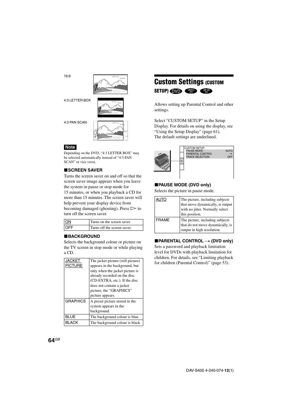 Custom settings | Sony DAV-S400 User Manual | Page 64 / 80