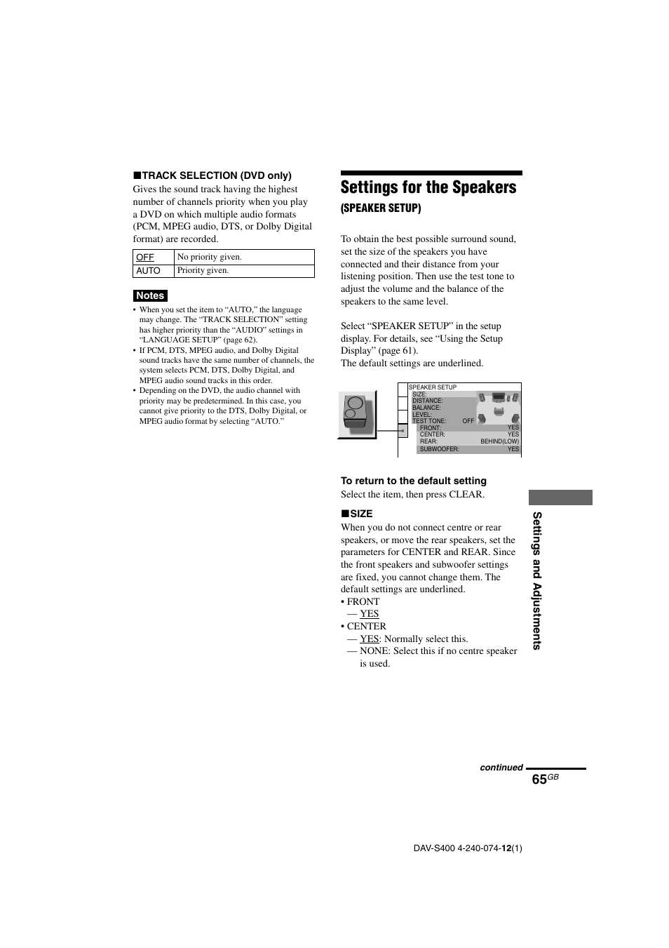 Settings for the speakers, Settings and adjustments, Speaker setup) | Sony DAV-S400 User Manual | Page 65 / 80
