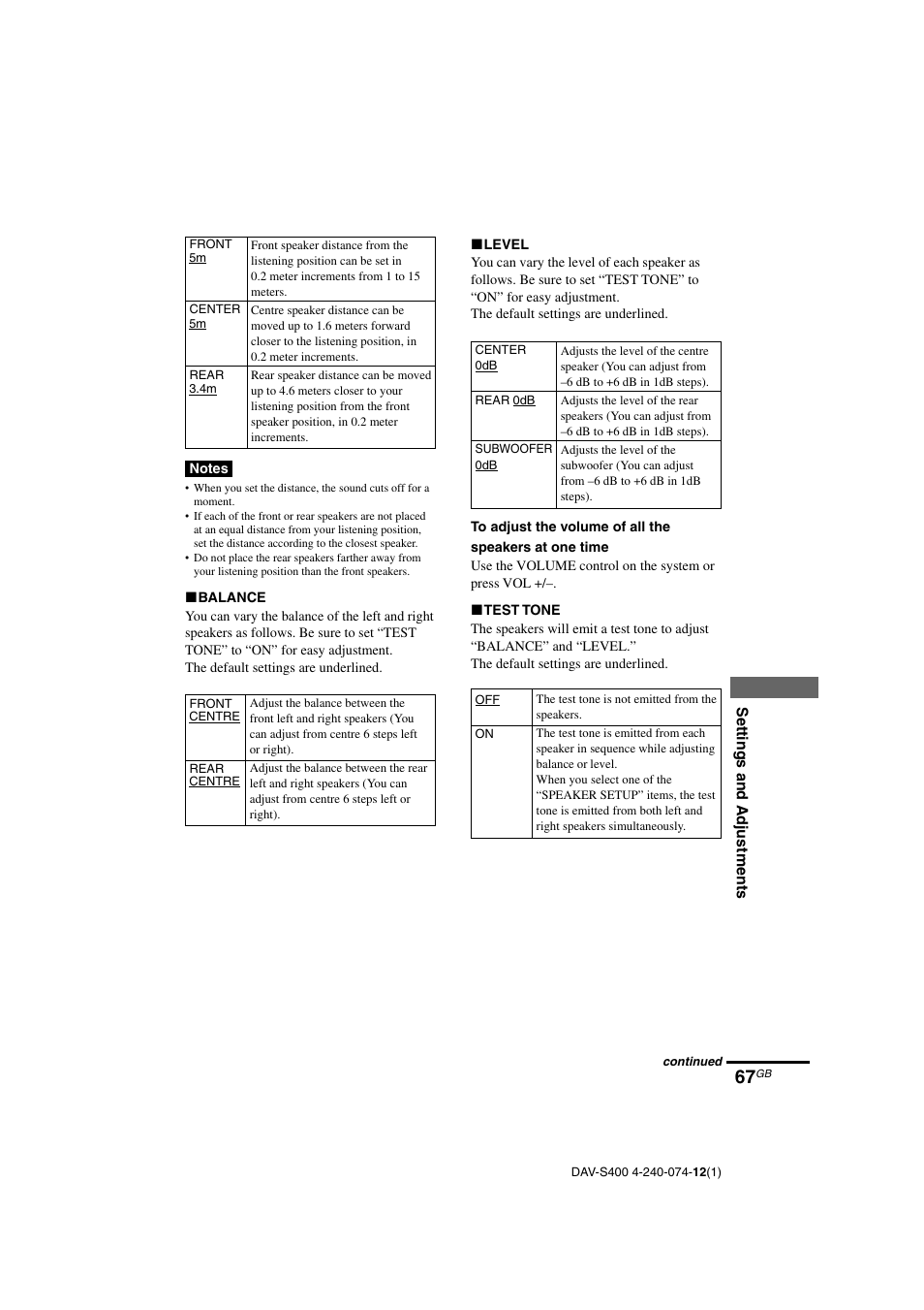 Settings and adjustments | Sony DAV-S400 User Manual | Page 67 / 80