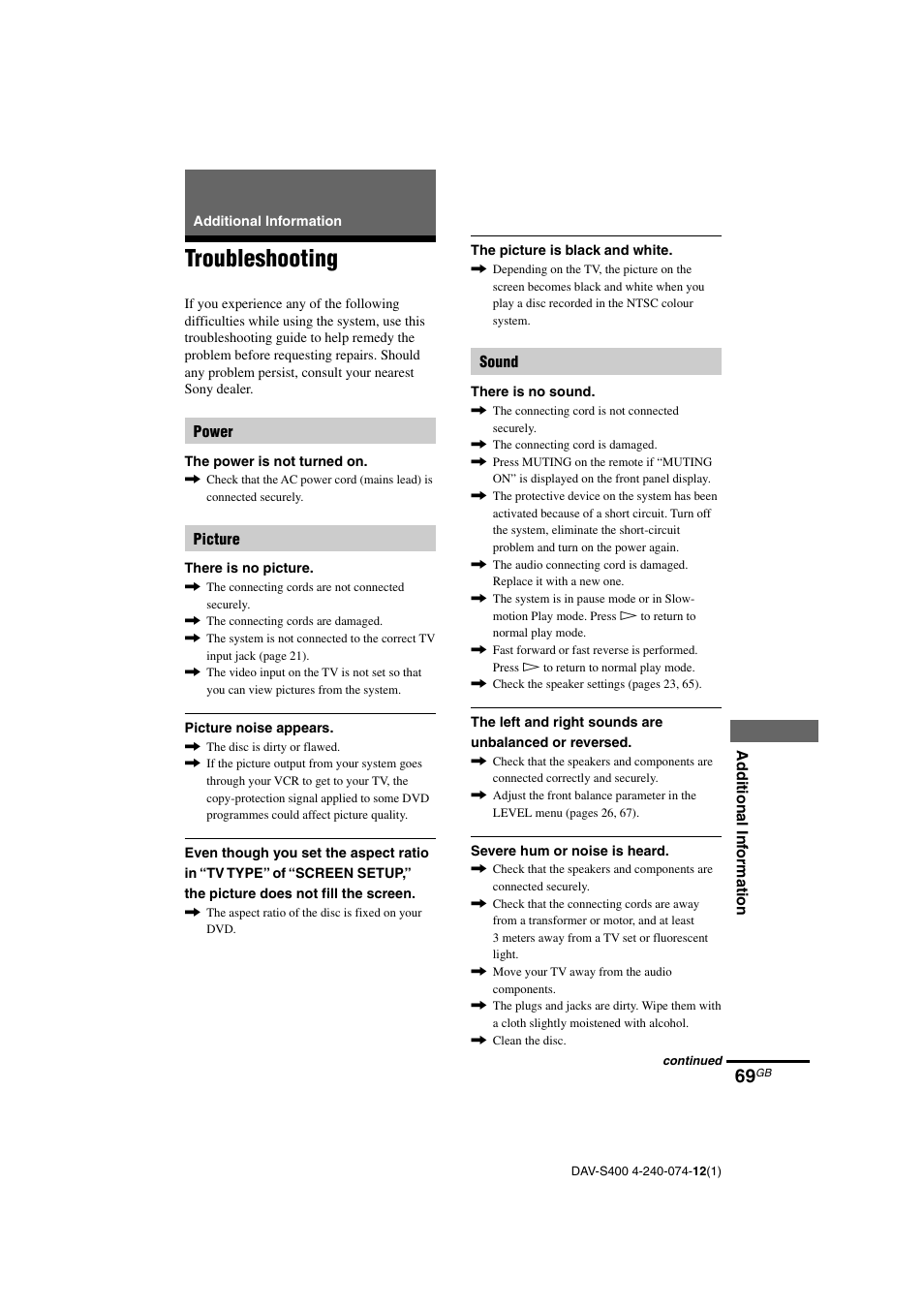 Troubleshooting | Sony DAV-S400 User Manual | Page 69 / 80