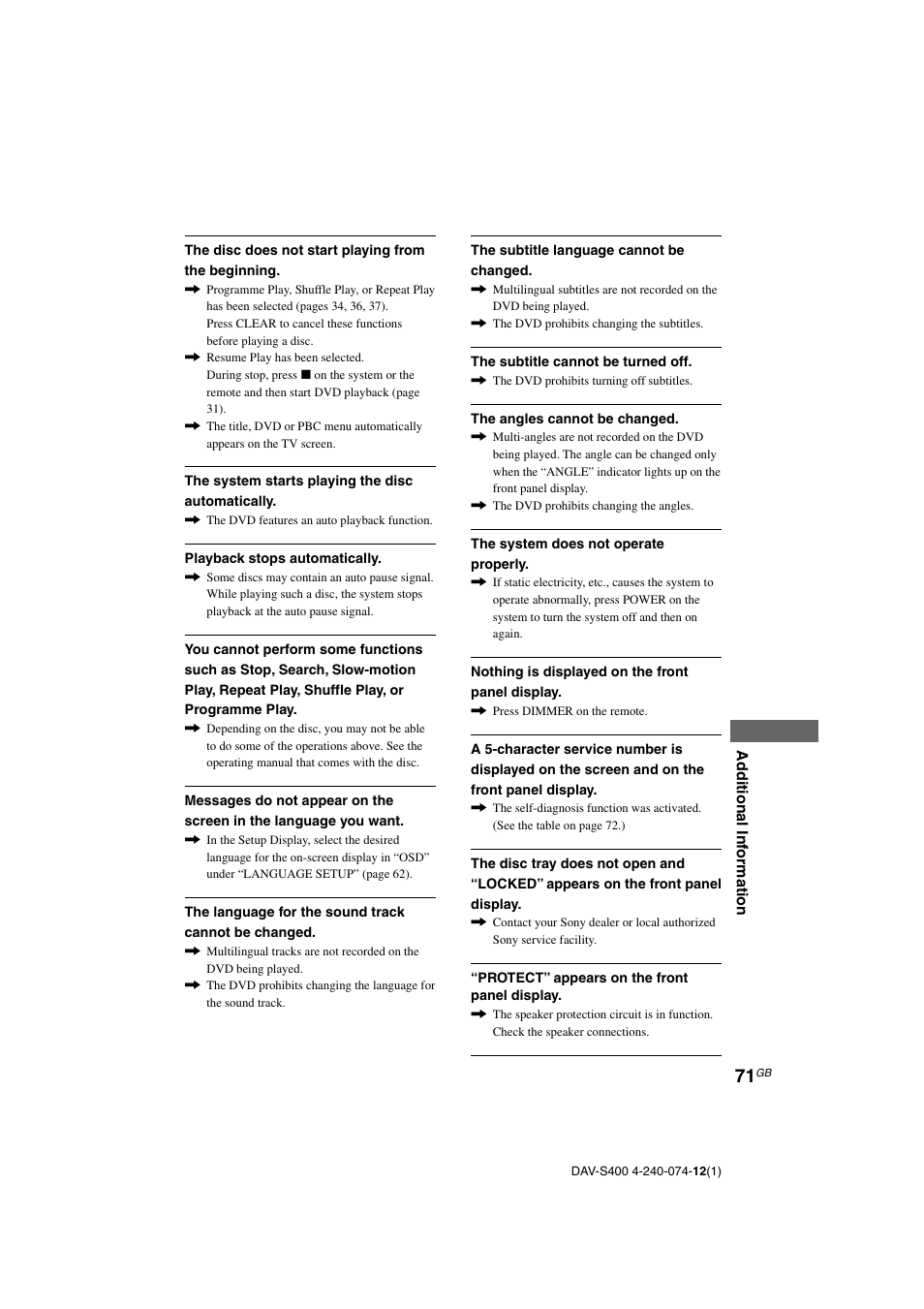 Sony DAV-S400 User Manual | Page 71 / 80