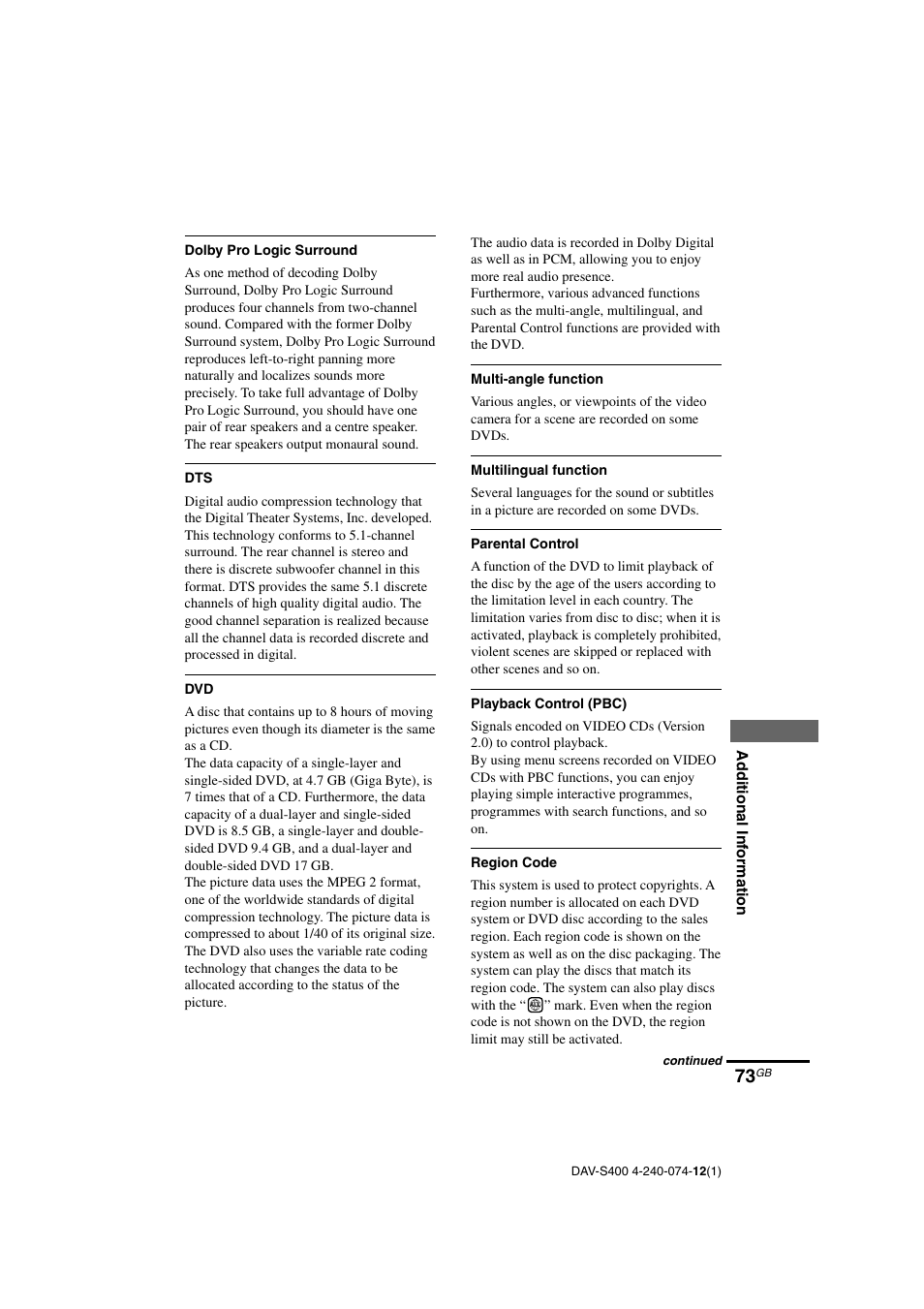 Sony DAV-S400 User Manual | Page 73 / 80
