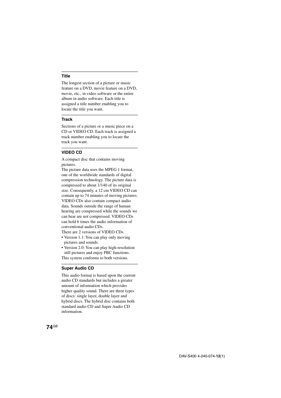 Sony DAV-S400 User Manual | Page 74 / 80