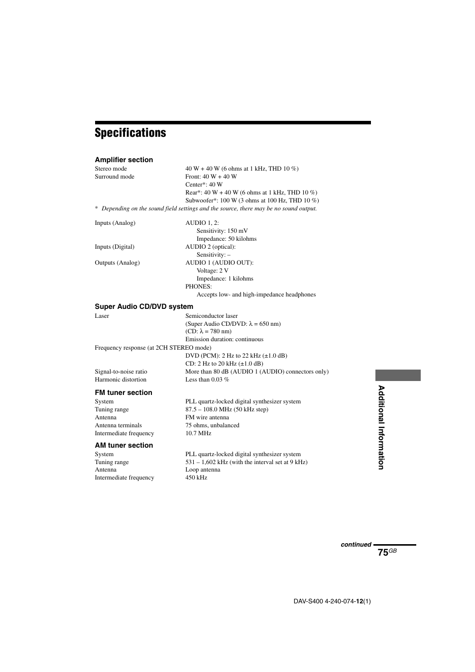 Specifications | Sony DAV-S400 User Manual | Page 75 / 80