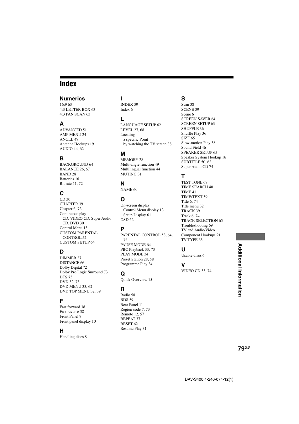 Index | Sony DAV-S400 User Manual | Page 79 / 80