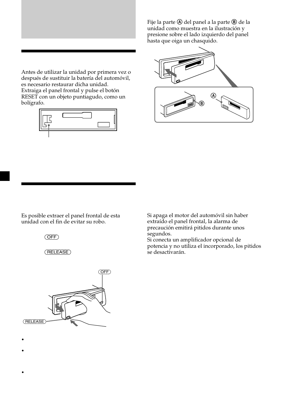 Procedimientos iniciales, Restauración de la unidad, Extracción del panel frontal | Sony XR-CA420X User Manual | Page 24 / 56