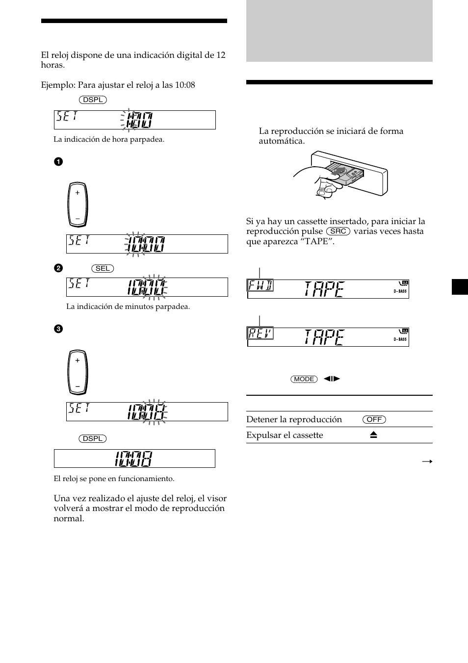 Reproductor de cassettes, Escucha de cintas, Ajuste del reloj | Sony XR-CA420X User Manual | Page 25 / 56