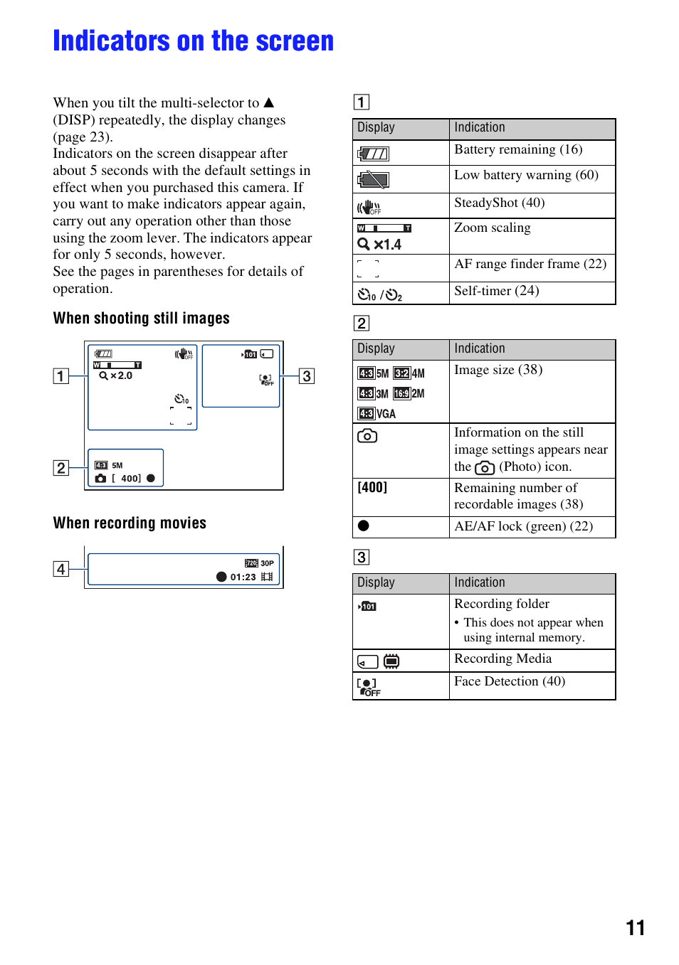 Indicators on the screen | Sony bloggie MHS-CM5 User Manual | Page 11 / 69