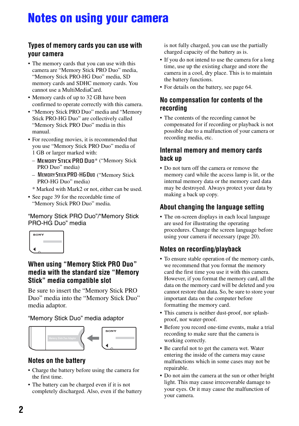 Notes on using your camera | Sony bloggie MHS-CM5 User Manual | Page 2 / 69