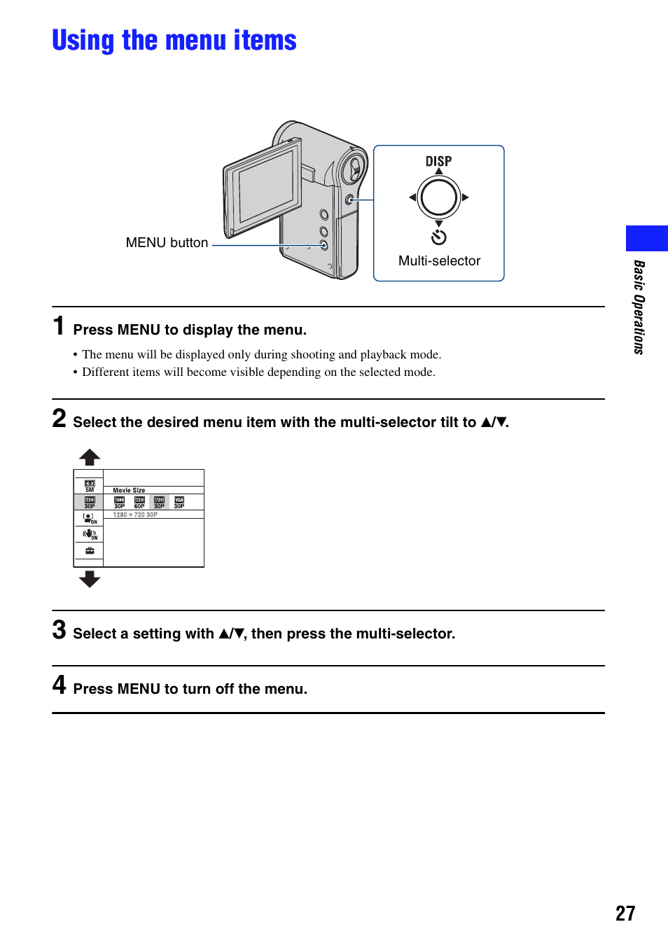 Using the menu items, N (27) | Sony bloggie MHS-CM5 User Manual | Page 27 / 69