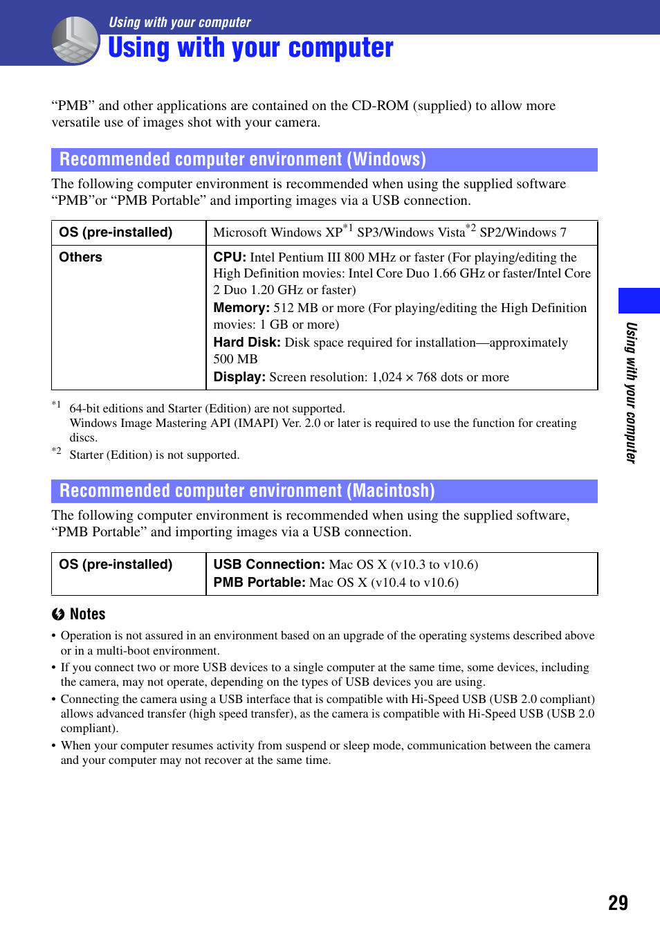 Using with your computer, Recommended computer environment (windows), Recommended computer environment (macintosh) | Sony bloggie MHS-CM5 User Manual | Page 29 / 69