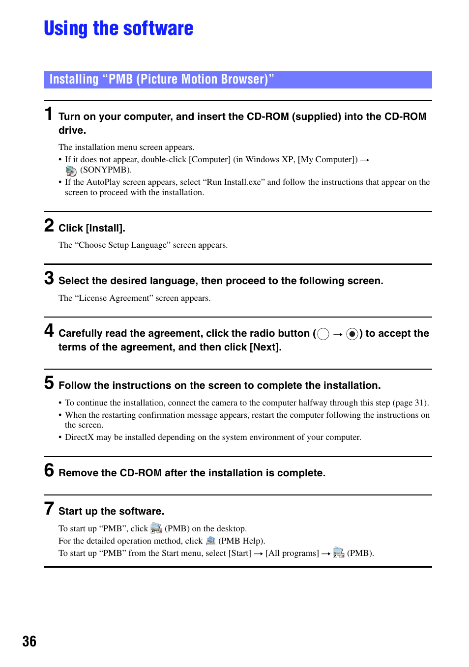 Using the software, Installing “pmb (picture motion browser) | Sony bloggie MHS-CM5 User Manual | Page 36 / 69