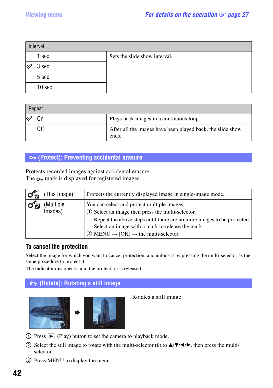 Protect): preventing accidental erasure, Rotate): rotating a still image | Sony bloggie MHS-CM5 User Manual | Page 42 / 69