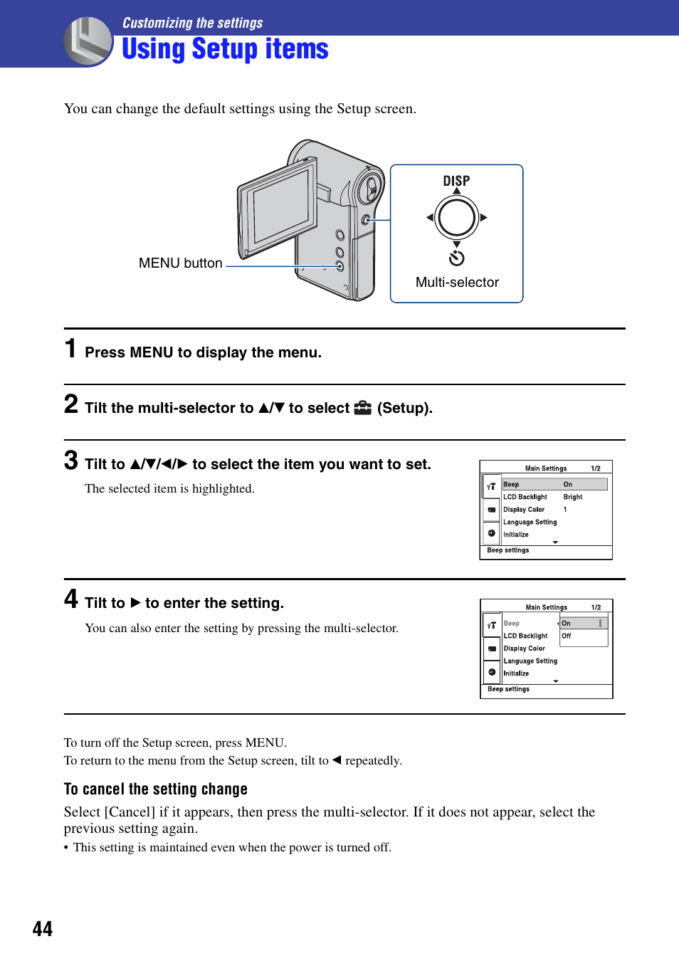 Customizing the settings, Using setup items | Sony bloggie MHS-CM5 User Manual | Page 44 / 69