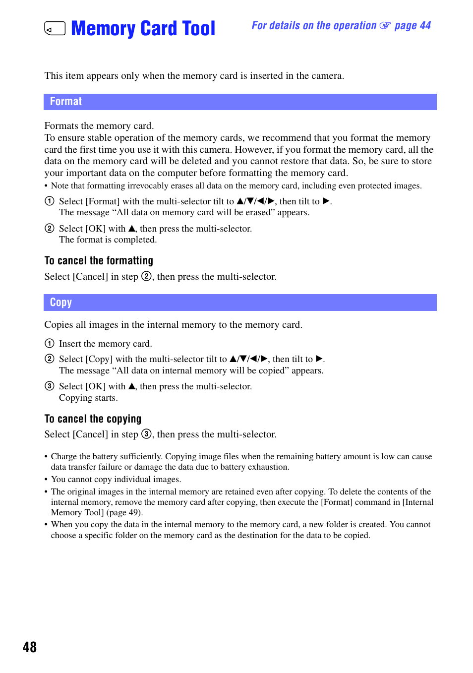 Memory card tool, Format, Copy | Format copy | Sony bloggie MHS-CM5 User Manual | Page 48 / 69