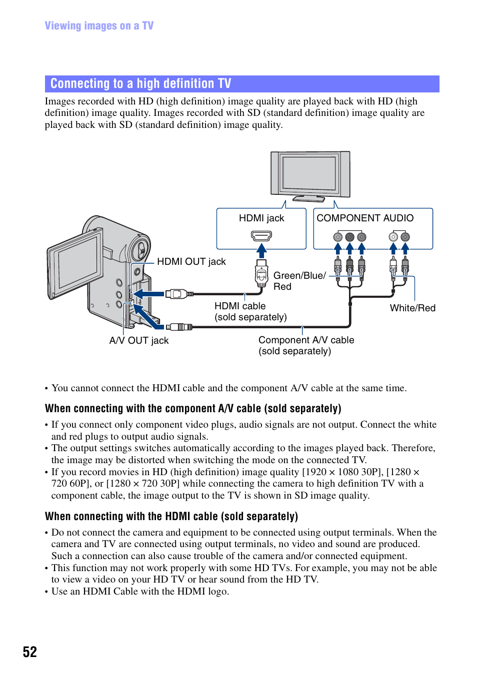 Connecting to a high definition tv | Sony bloggie MHS-CM5 User Manual | Page 52 / 69