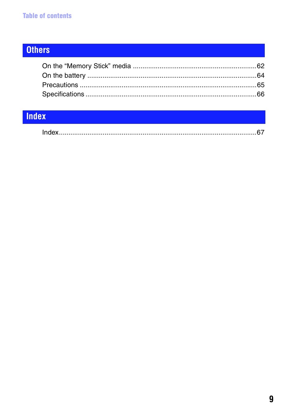 Others index | Sony bloggie MHS-CM5 User Manual | Page 9 / 69