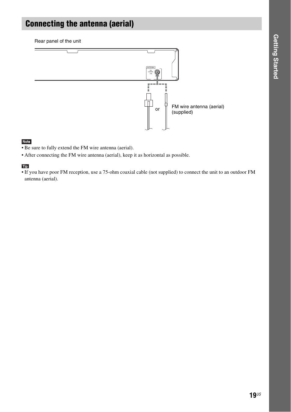 Connecting the antenna (aerial), E 19), Ge tting star te d | Sony BDV-E280 User Manual | Page 19 / 68
