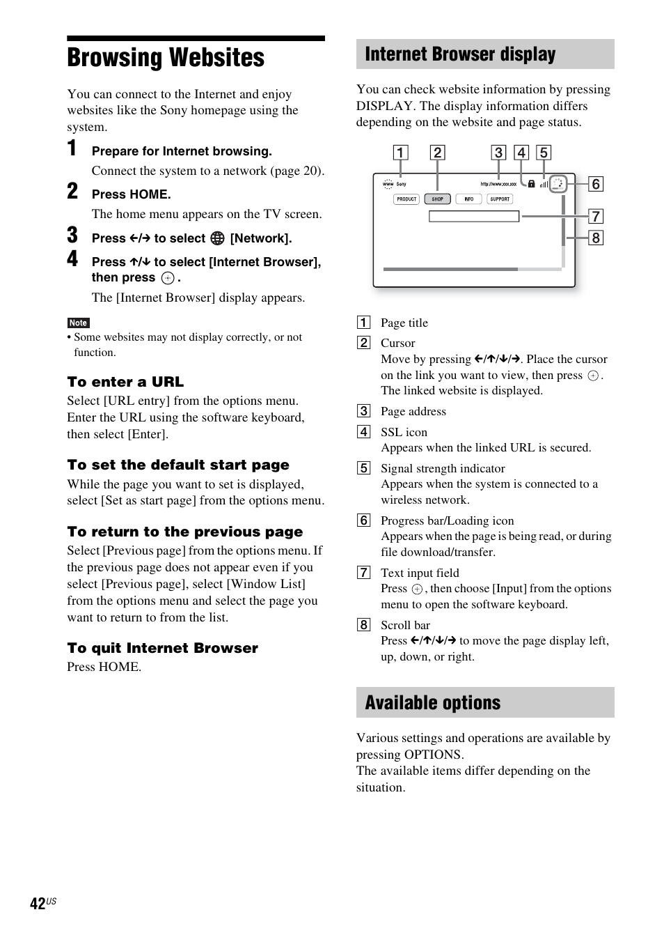 Browsing websites, Internet browser display, Available options | Internet browser display available options | Sony BDV-E280 User Manual | Page 42 / 68