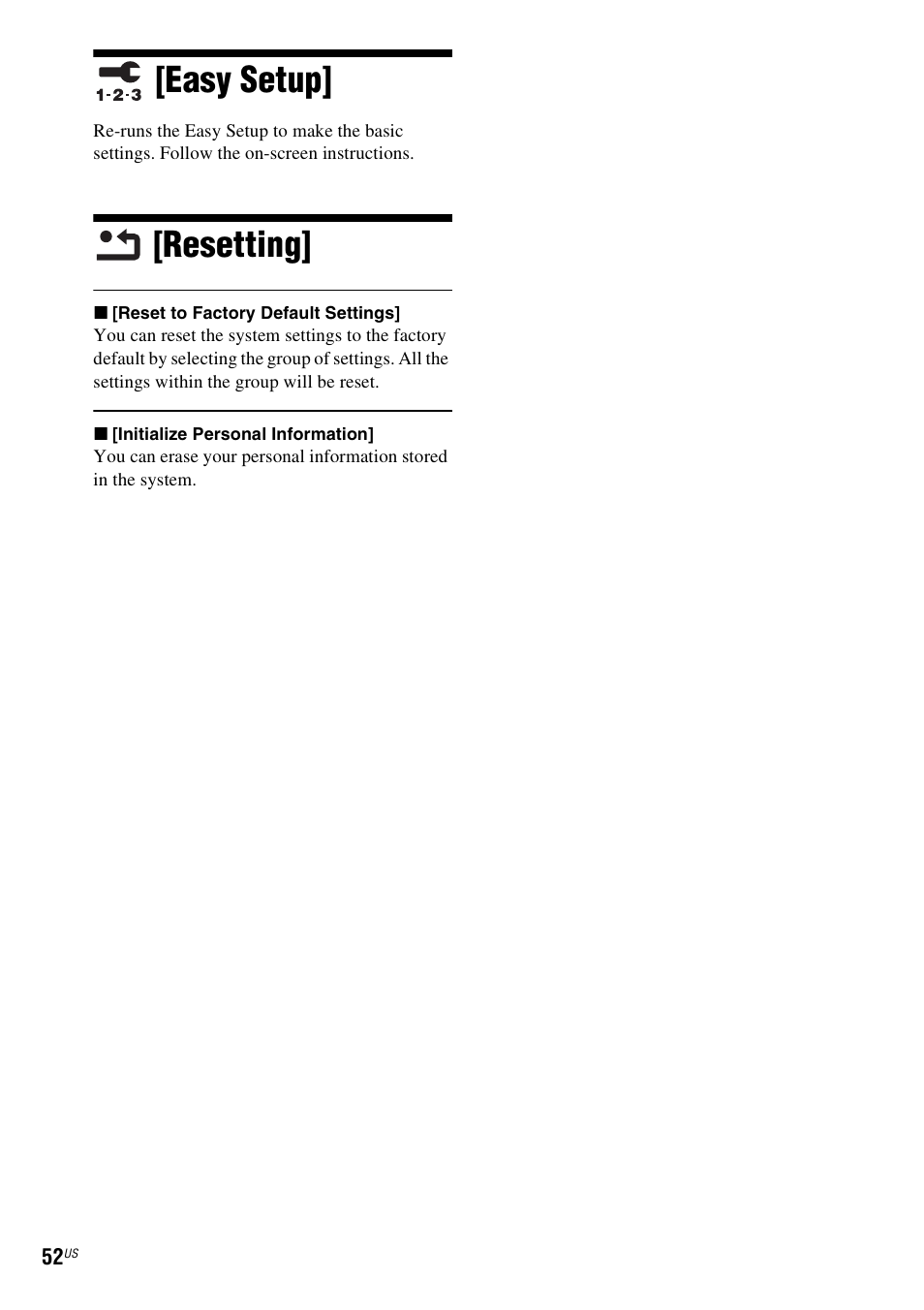 Easy setup, Resetting, Easy setup] [resetting | Sony BDV-E280 User Manual | Page 52 / 68